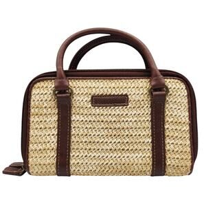 Connections Tan & Brown Woven Straw Double Handle Mini Bag Wrap Around Zipper